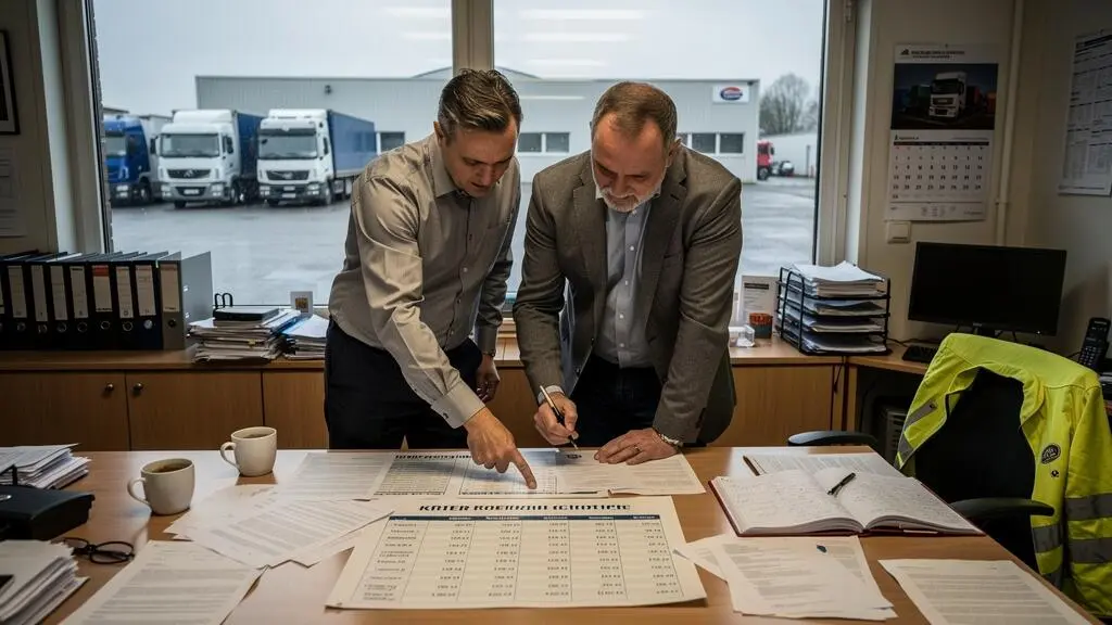 Deux associés d'une entreprise de transport examinent un plan de financement autour d'une table de bureau, avec une cour de camions visible par la fenêtre.