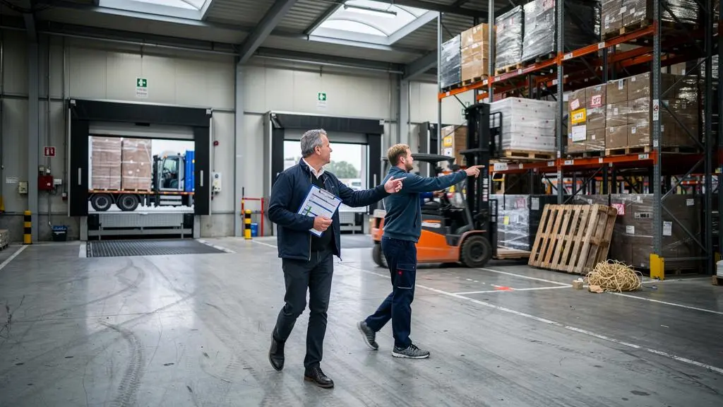 Un responsable achats visite un entrepôt logistique avec un fournisseur et examine le chargement de palettes près des quais de déchargement.