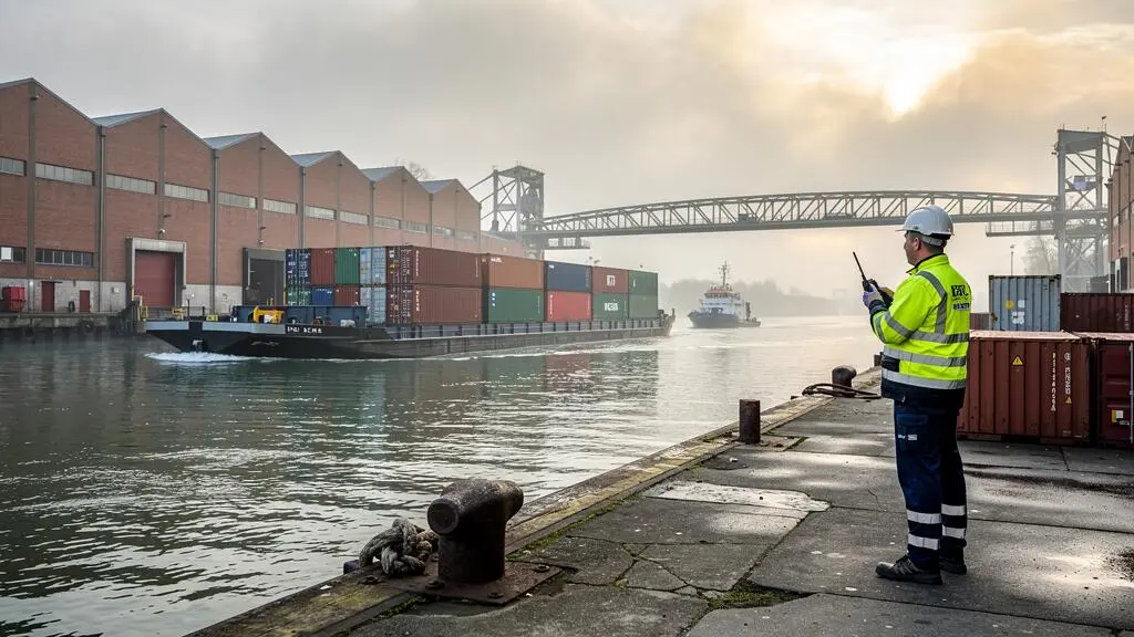 Une barge chargée de conteneurs navigue sur un canal industriel belge pendant qu'un employé portuaire l'observe depuis le quai.
