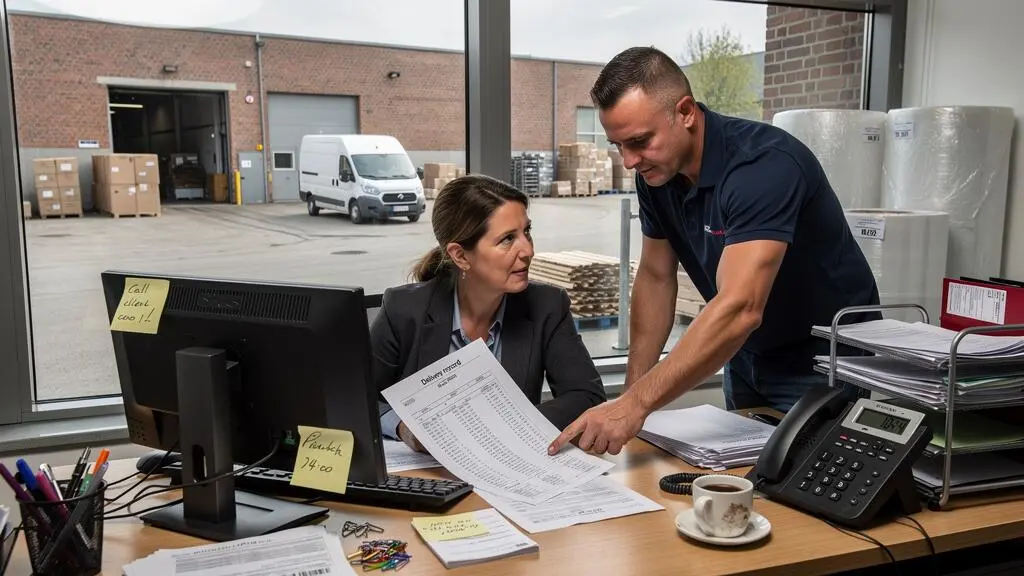 Deux employés d'une PME de transport belge examinent des dossiers de livraison et des fiches clients dans un bureau donnant sur une cour de chargement.