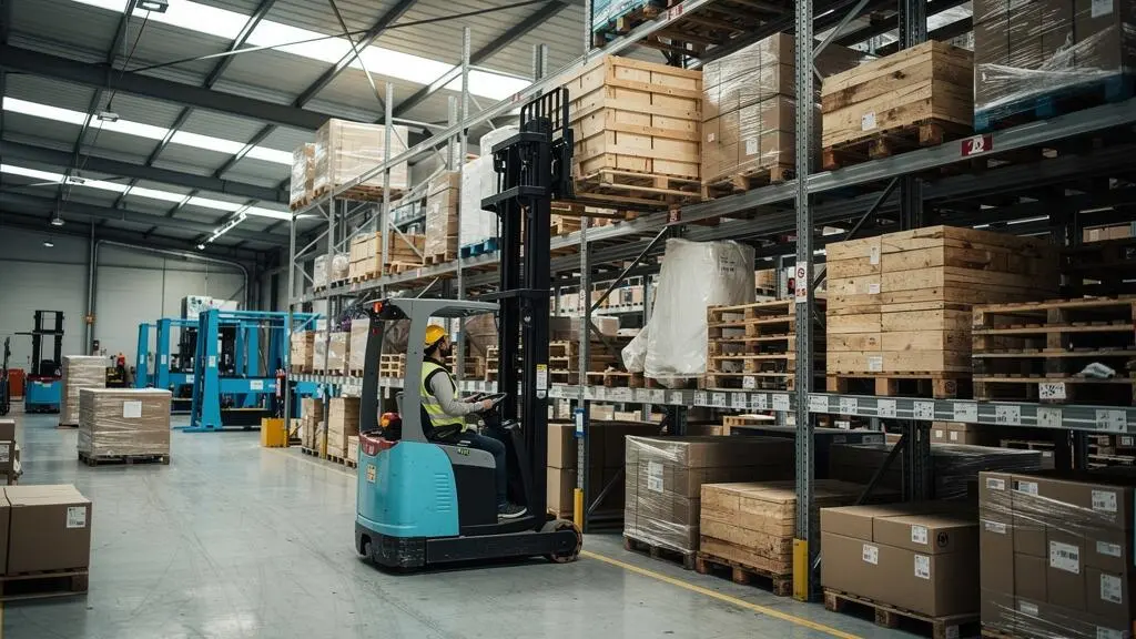 Un cariste sur un chariot élévateur à mât replié dépose une palette sur un niveau élevé d'un rayonnage dans un entrepôt logistique dont plusieurs emplacements sont partiellement remplis.