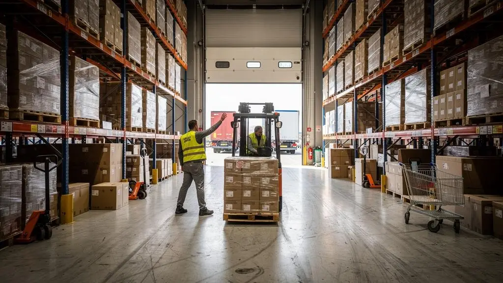 Un magasinier guide un chariot élévateur transportant une palette dans l'allée d'un centre de distribution actif, avec des quais et des semi-remorques visibles au fond.