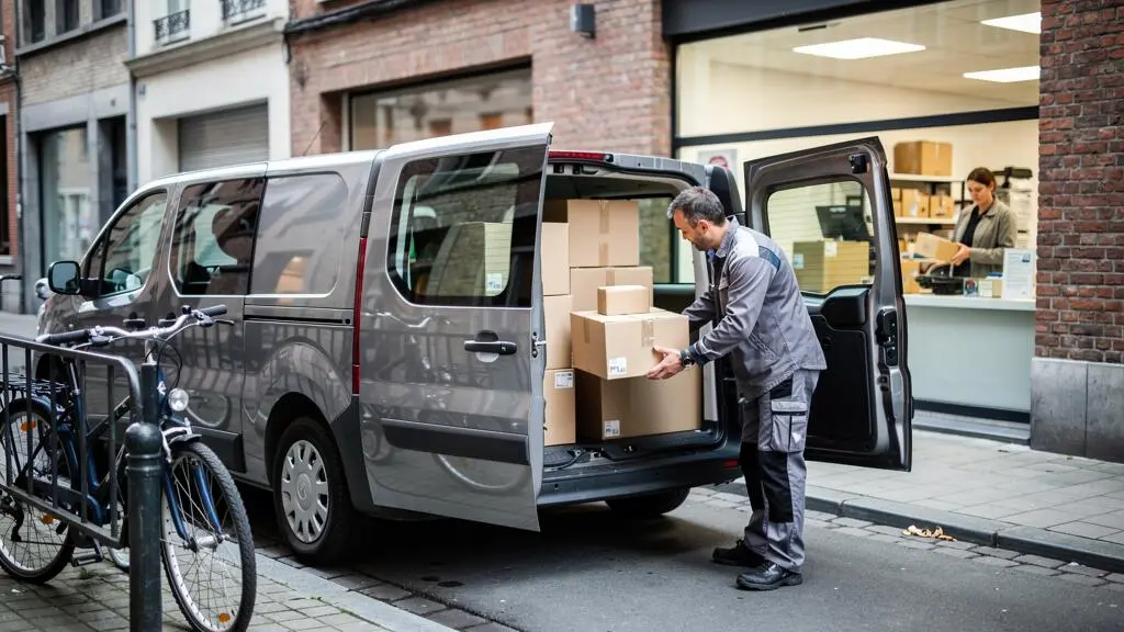 Un agent logistique charge des colis dans une camionnette de livraison devant un point relais en ville belge, pendant qu'un client récupère un colis à l'intérieur.