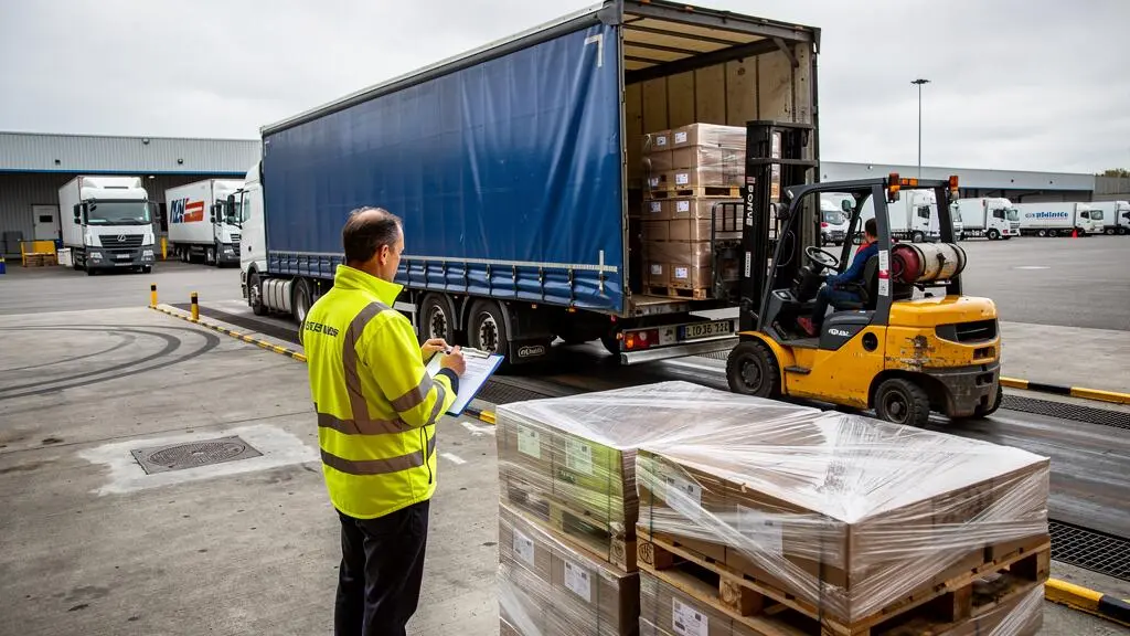 Un préparateur en gilet haute visibilité vérifie les documents pendant le chargement des dernières palettes dans une remorque sur un quai d'entrepôt logistique en Belgique.