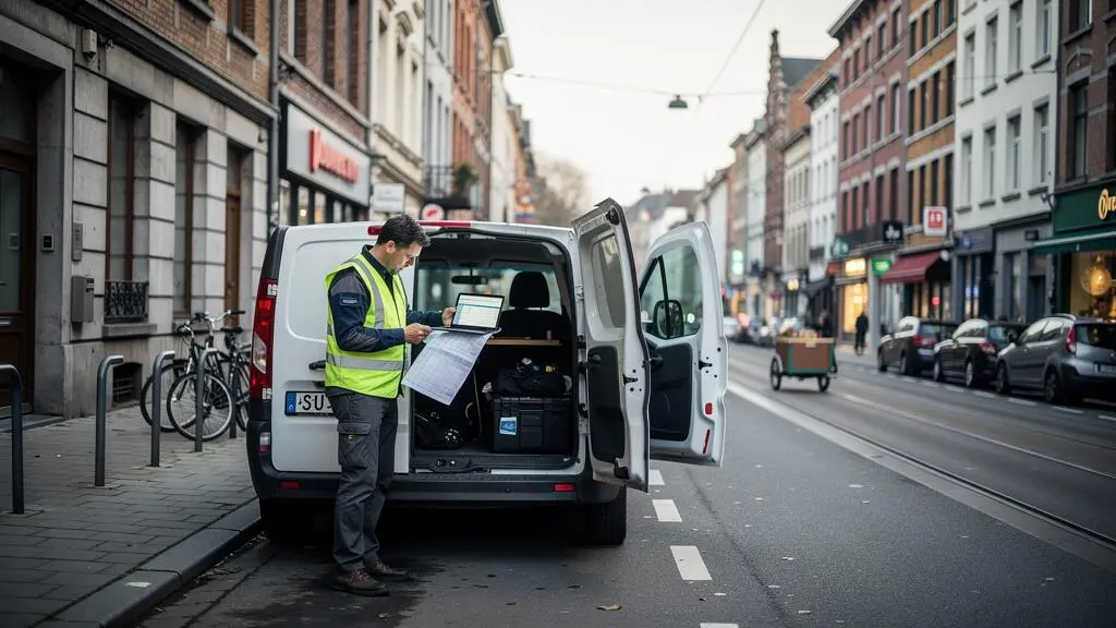 Un chauffeur-livreur en gilet haute visibilité consulte sa feuille de tournée à côté de son fourgon stationné dans une rue étroite d'une ville belge dense.