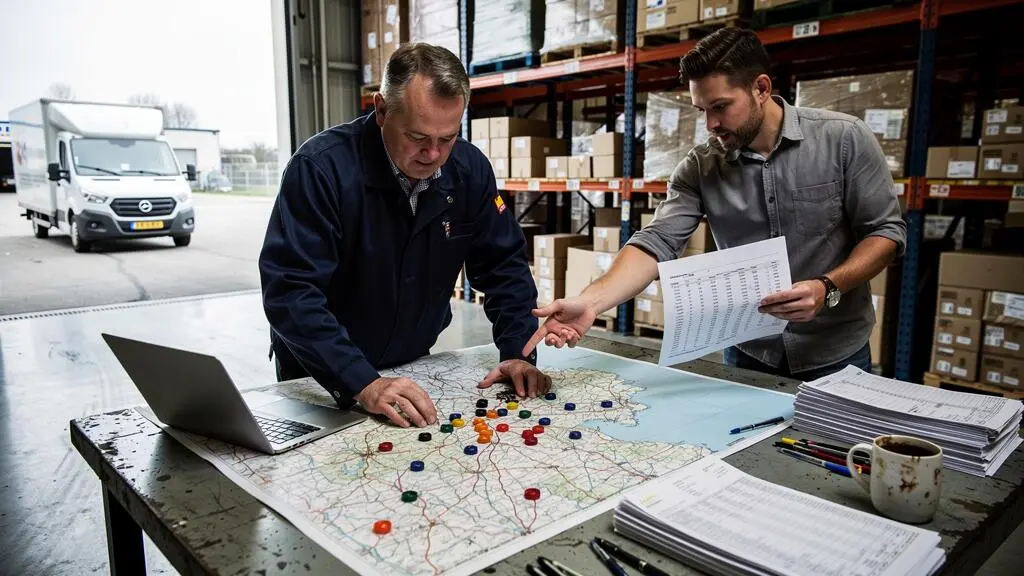 Deux responsables logistiques comparent des scénarios d'implantation d'entrepôts sur une carte régionale posée sur une table dans un entrepôt belge.