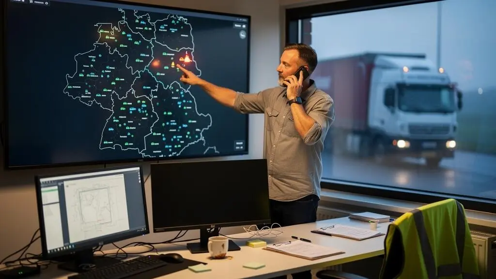 Un coordonnateur transport appelle un chauffeur tout en pointant une alerte de retard affichée sur un grand écran de suivi des véhicules dans un bureau d'exploitation.