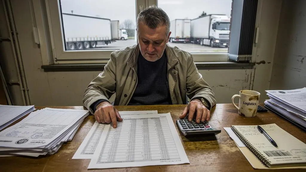 Un dirigeant d'une entreprise de transport étudie un tableau de prévisionnel de trésorerie imprimé dans son bureau, avec des camions visibles par la fenêtre.