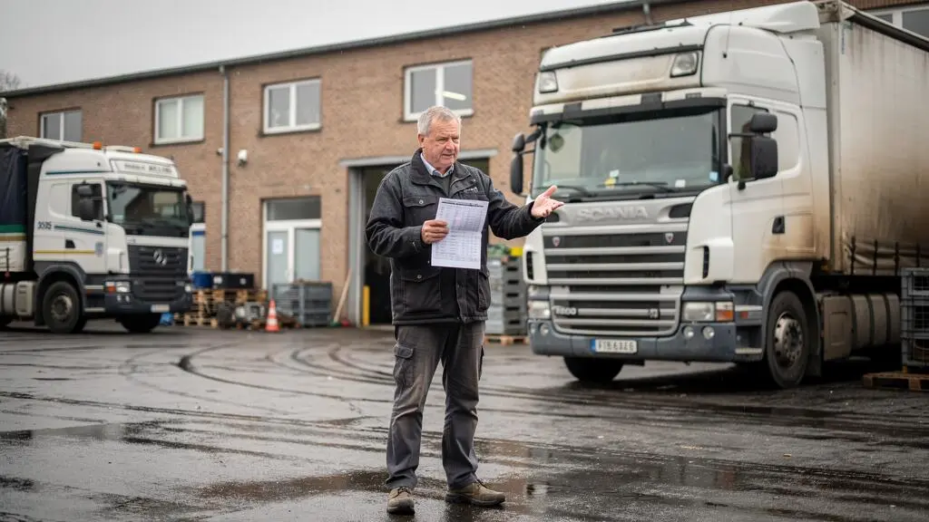 Un dirigeant de PME de transport belge compare un échéancier de remboursement de prêt au camion financé, dans la cour de son dépôt.