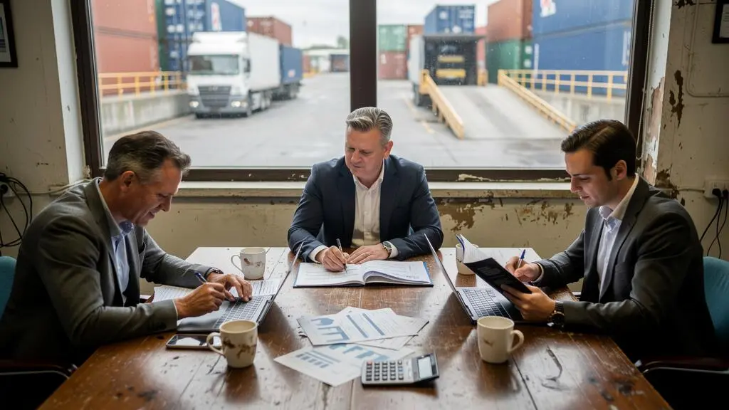 Un dirigeant d'une entreprise de transport présente un dossier financier à deux investisseurs assis à une table, avec un entrepôt et des remorques visibles par la fenêtre.