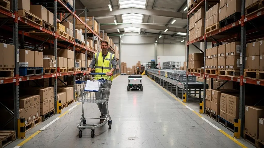 Un préparateur de commandes pousse un chariot de picking dans une allée d'entrepôt moderne, près de rayonnages hauts, d'un robot mobile et d'un convoyeur.