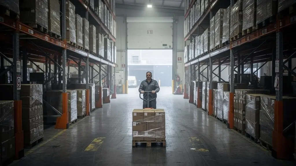 Allée d'entrepôt saturée de palettes en surplus bloquant le passage d'un cariste avec un transpalette manuel.