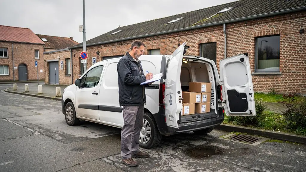Un entrepreneur vérifie une liste de courses test à côté de sa camionnette de livraison dans une zone industrielle belge.