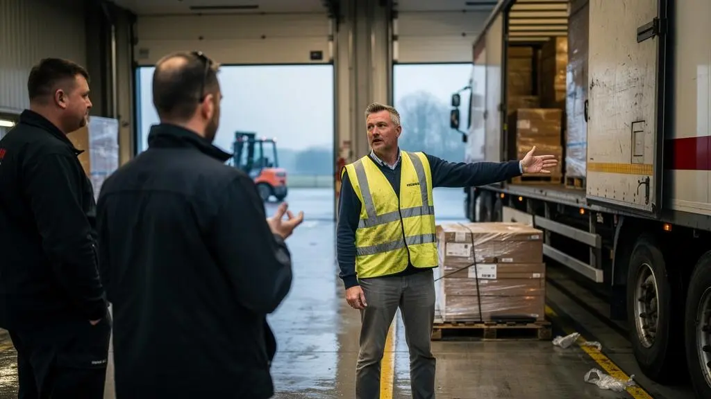 Un responsable de dépôt échange avec deux chauffeurs de camion sur un quai de chargement de logistique.
