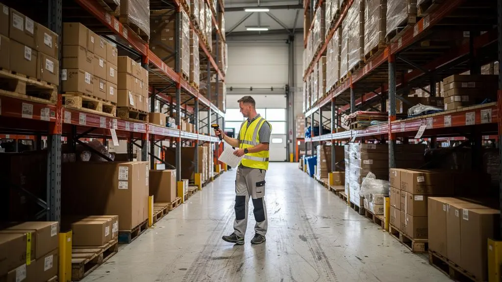 Un opérateur de warehouse vérifie un emplacement presque vide sur un rack pendant que d'autres rayonnages sont surchargés de palettes.