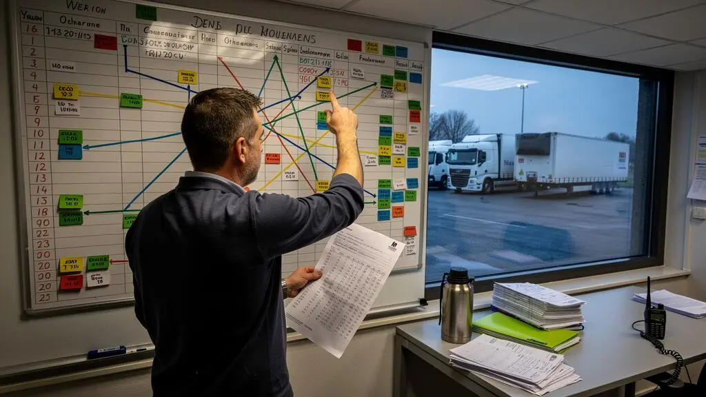 Un planificateur d'exploitation d'une entreprise de transport examine un plan de tournées sur un tableau blanc, avec la cour et les camions visibles derrière la fenêtre.