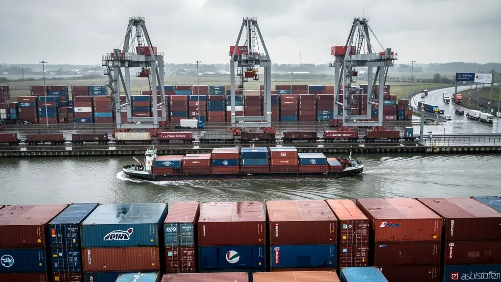 Un port intérieur belge avec des conteneurs empilés, une barge chargée sur le canal et des grues de manutention à l'arrière-plan.