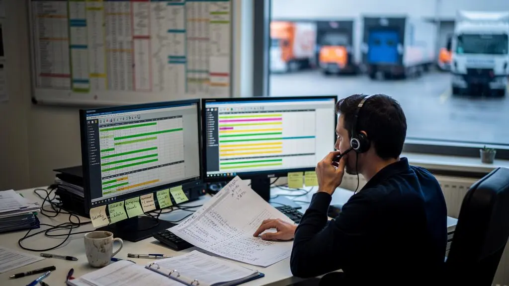 Une répartitrice de transport travaille sur son planning de tournées au téléphone dans un bureau donnant sur les quais de chargement.