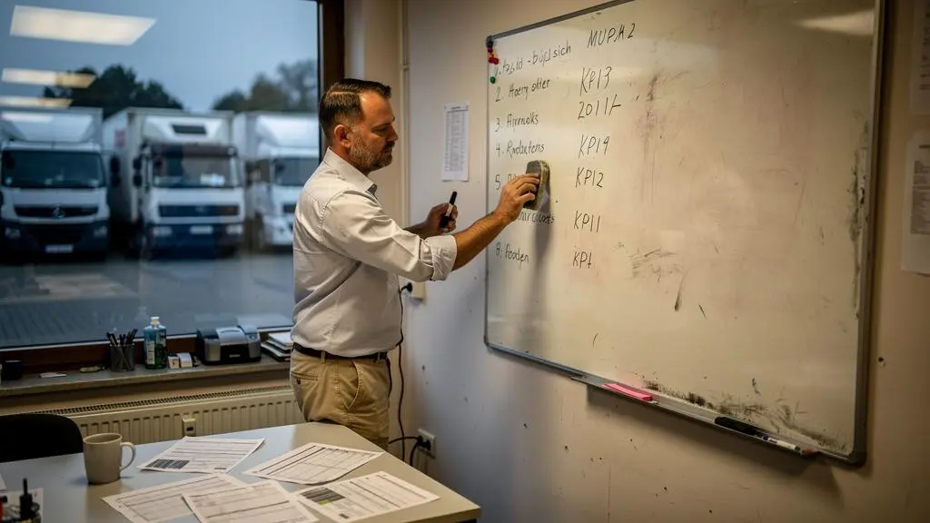 Un responsable transport efface des indicateurs superflus sur un tableau blanc d'un bureau de PME belge pour ne garder qu'une liste courte de KPIs.