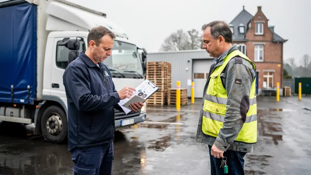 Un responsable logistique vérifie les documents et la check-list d'un camion dans un dépôt de fret belge, accompagné du chauffeur.